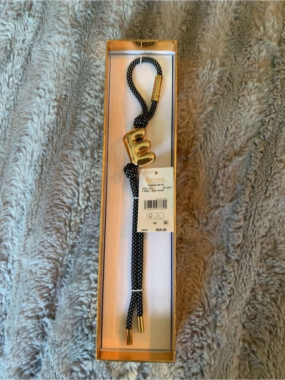 Michael Kors Initial “E”  Gold-Tone and Speckled Cord Bag Charm, NWT and Box - Picture 2 of 5